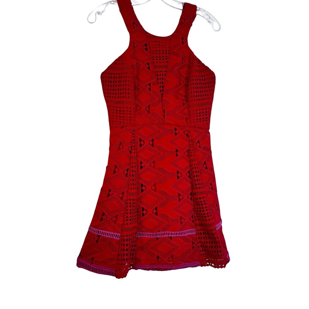 Red Geometric Eyelet Lace Halter Mini Dress Open Back Fit & Flare Skater